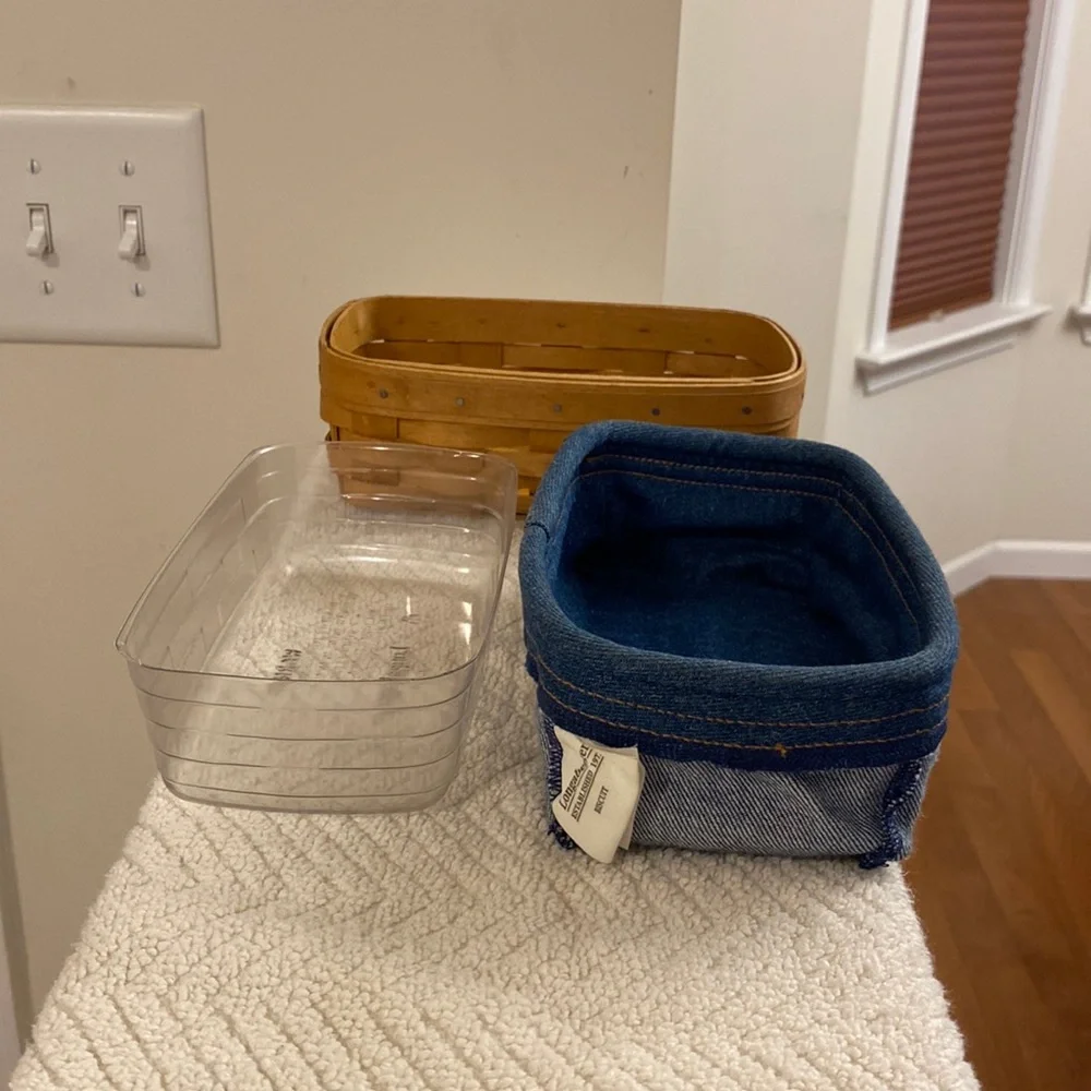 Vintage 2004 Longaberger Biscuit Basket Blue Fabric Liner & Plastic Protector